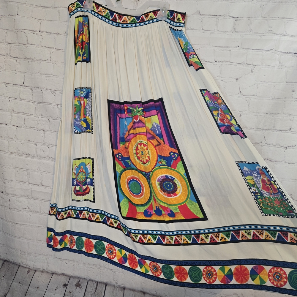 Vintage Psychedelic Bohemian White Maxi Skirt Vibrant Spiritual tarot Print‎